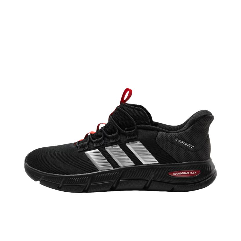 推荐商品：adidas CLOUDFOAMFLEX-RAPIDFIT 运动休闲鞋 百搭软底减震时尚网面一脚蹬轻便支撑贴合 黑色/红色