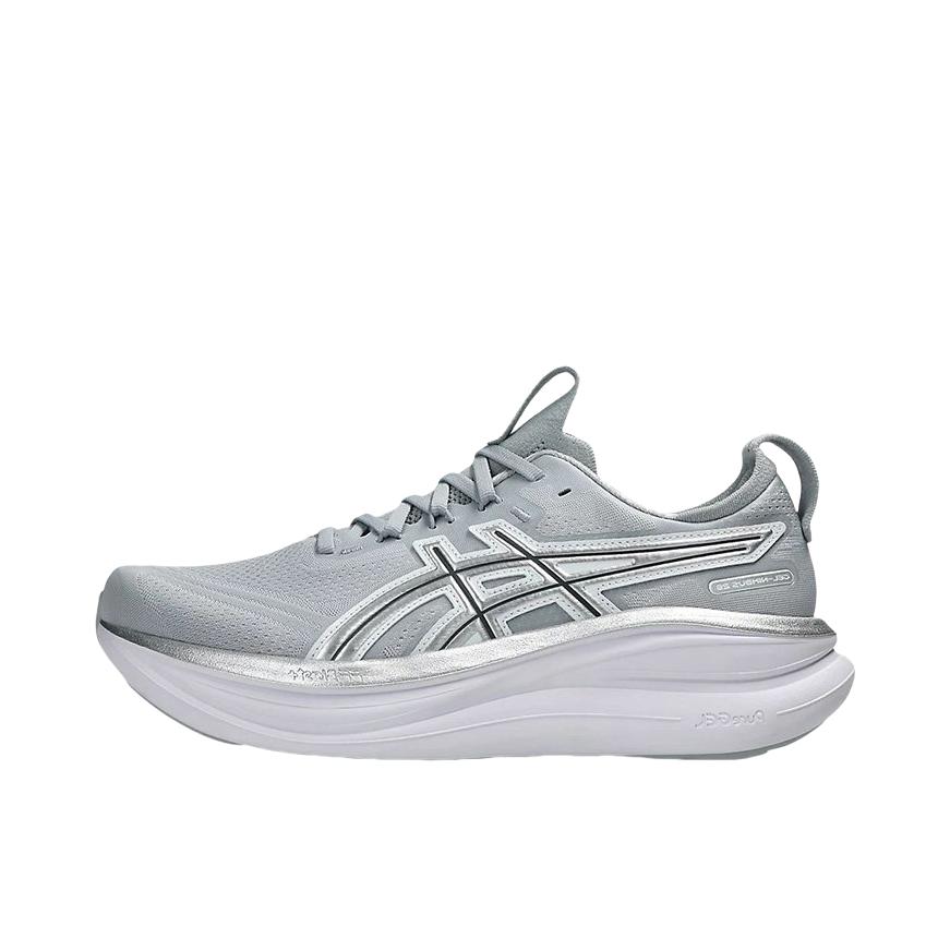 推荐商品：Asics/亚瑟士 GEL-NIMBUS 28 跑鞋 百搭时尚舒适圆头减震回弹夜跑轻便贴合支撑网面抓地慢跑缓冲缓震马拉松训练防滑冬季稳定竞速增高通勤鞋 灰色/银色