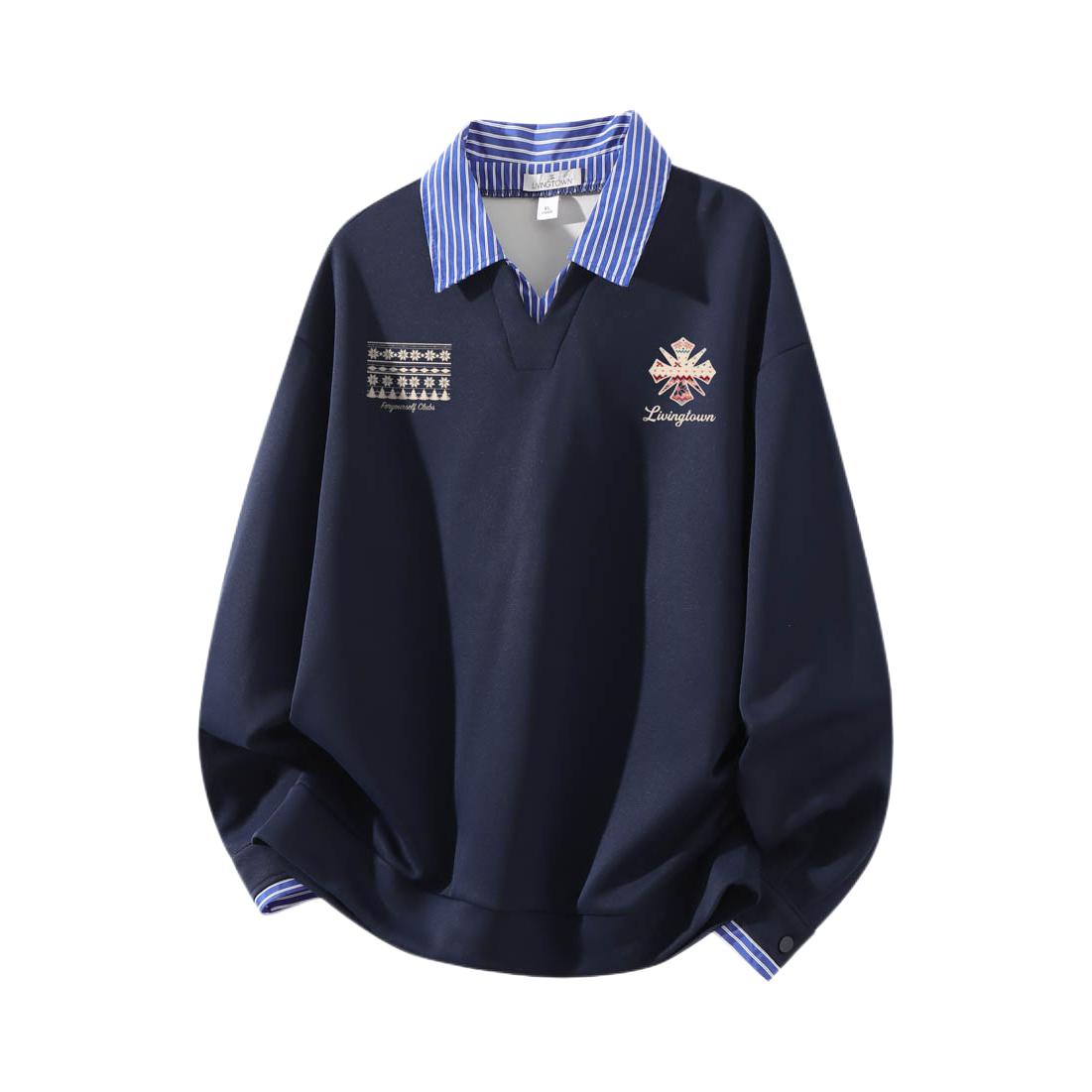 推荐商品：LivingTown 套头落肩袖假两件长袖透气翻领Polo衫 LQ118-Y502-10041 藏青