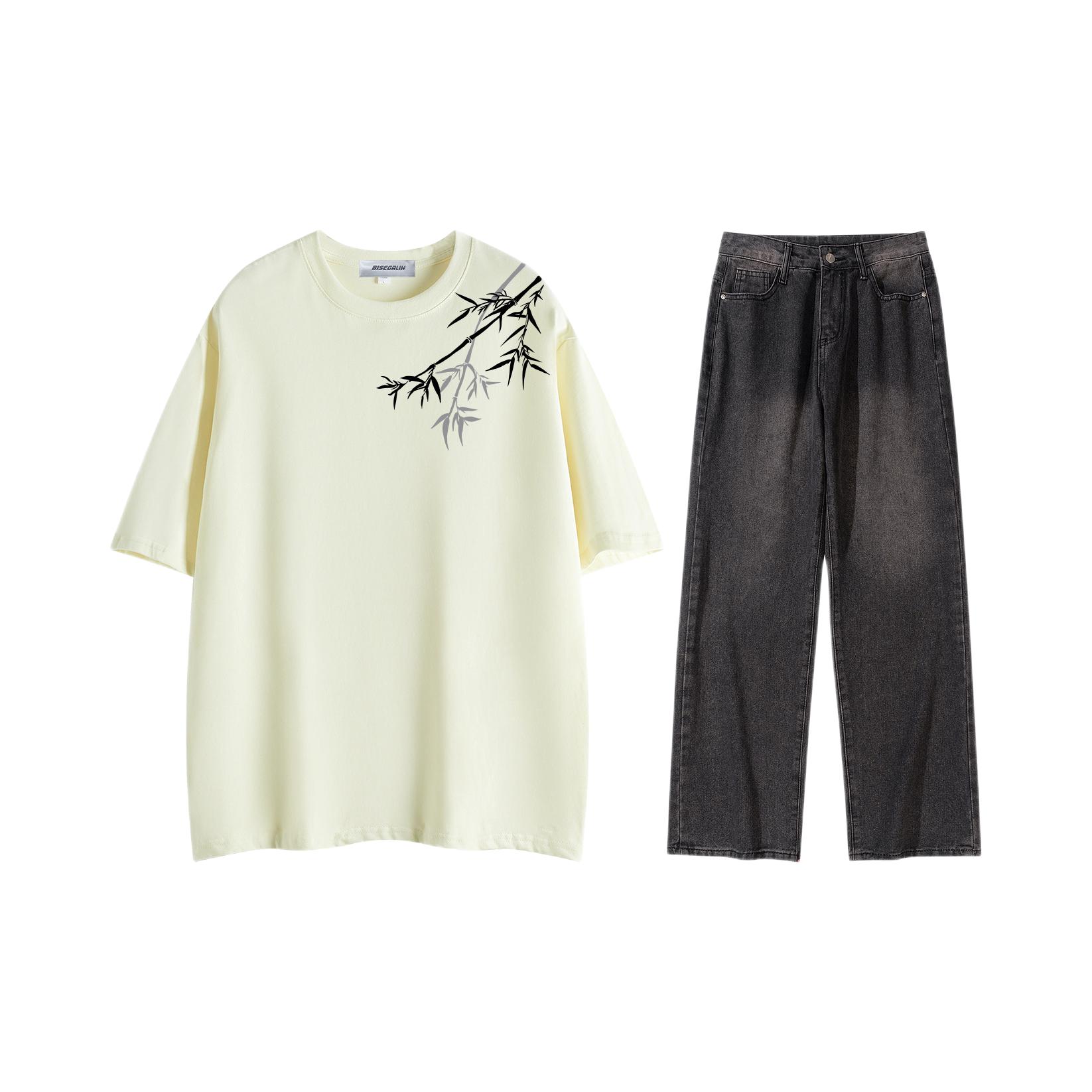 推荐商品：BISEGRLIN 圆领落肩水洗短袖休闲套装 B-DX7-1-DJS2079 杏上装+黑下装