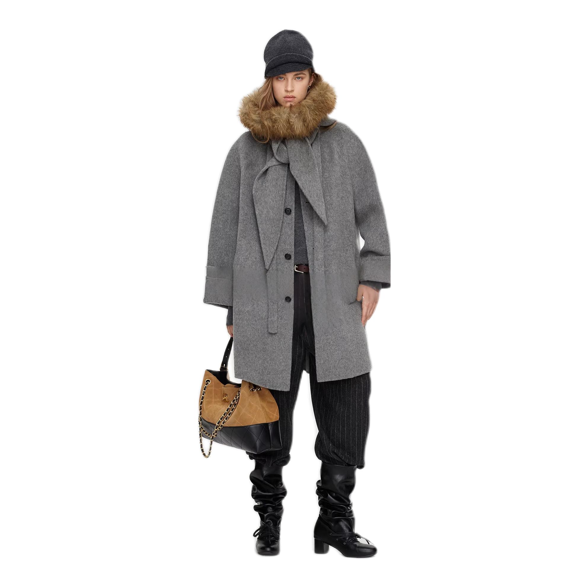 推荐商品：ULD 中长款纯色单排扣毛呢外套 UB250173 灰/纤维毛领 