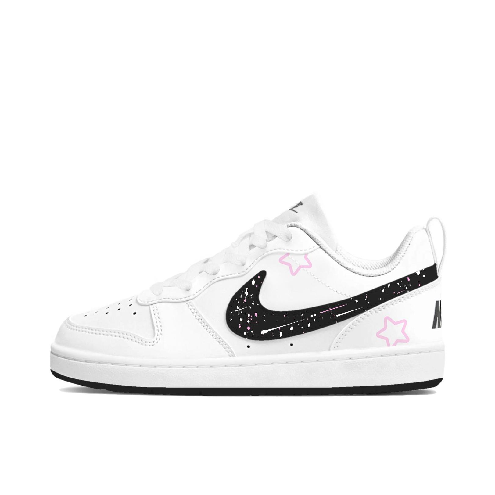 推荐商品：【定制球鞋】 Nike Court Borough 板鞋 防滑防水轻便减震手绘减龄做旧甜酷高街合成革甜妹包裹性复古婚鞋增高小白鞋薄底秋冬脏脏鞋 女款/漫天流星
