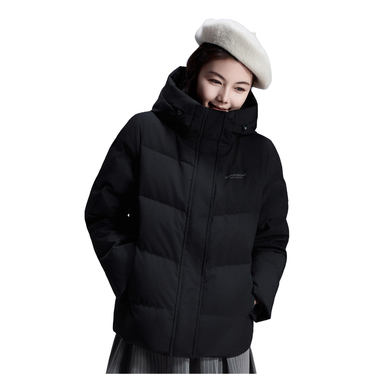 推荐商品：暖频道 都市系列防风连帽加厚长袖羽绒服 女装 625616 子夜黑