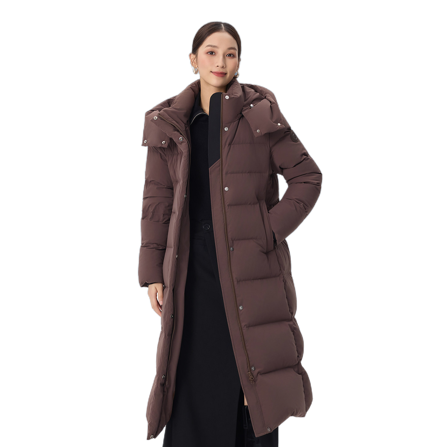 推荐商品：暖频道 拉链连帽鹅绒长款长袖羽绒服 女装 625638 深栗咖