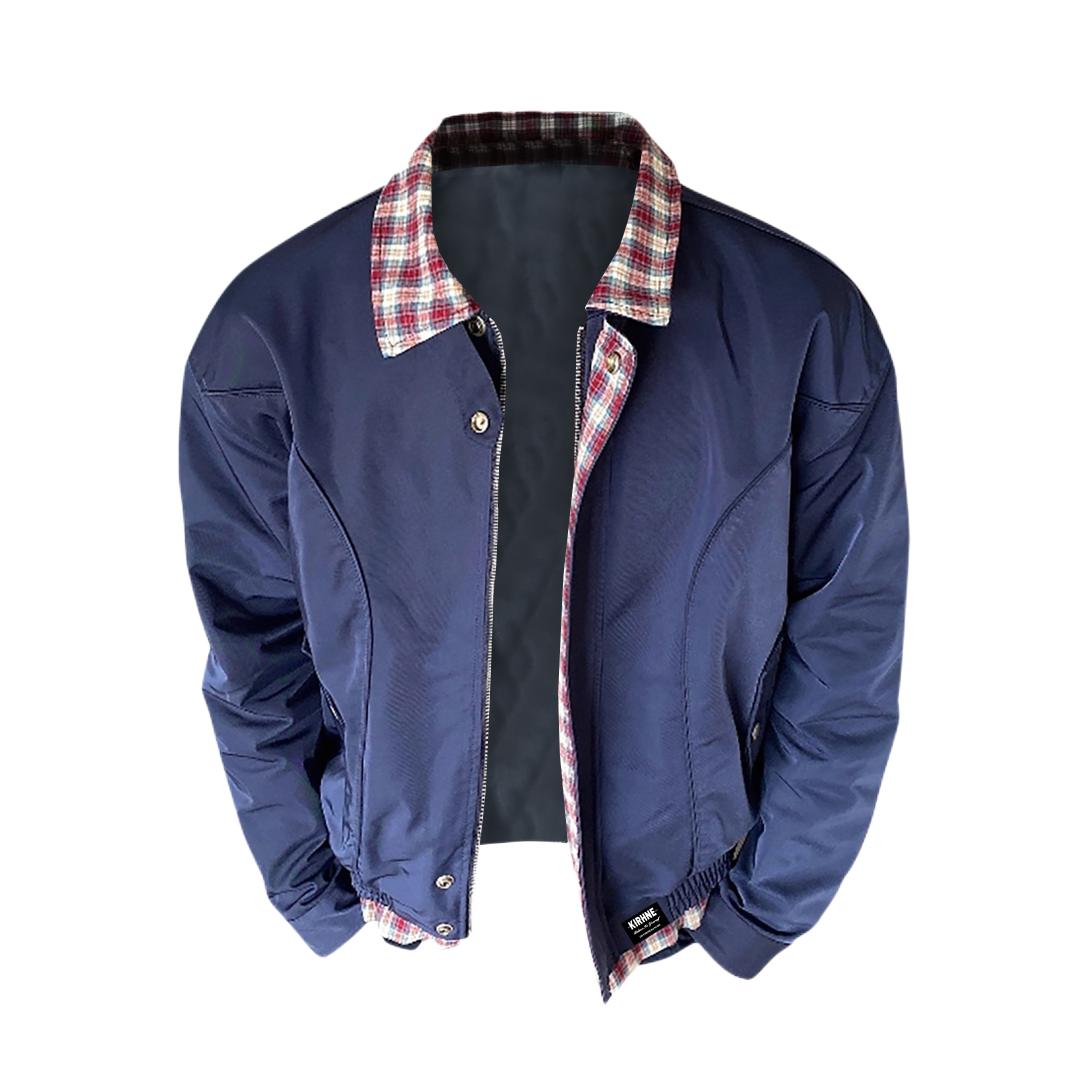 推荐商品：KIRHNE 格纹哈灵顿假两件户外防风通勤翻领长袖夹克 JS-KIRP843-TB09 藏蓝