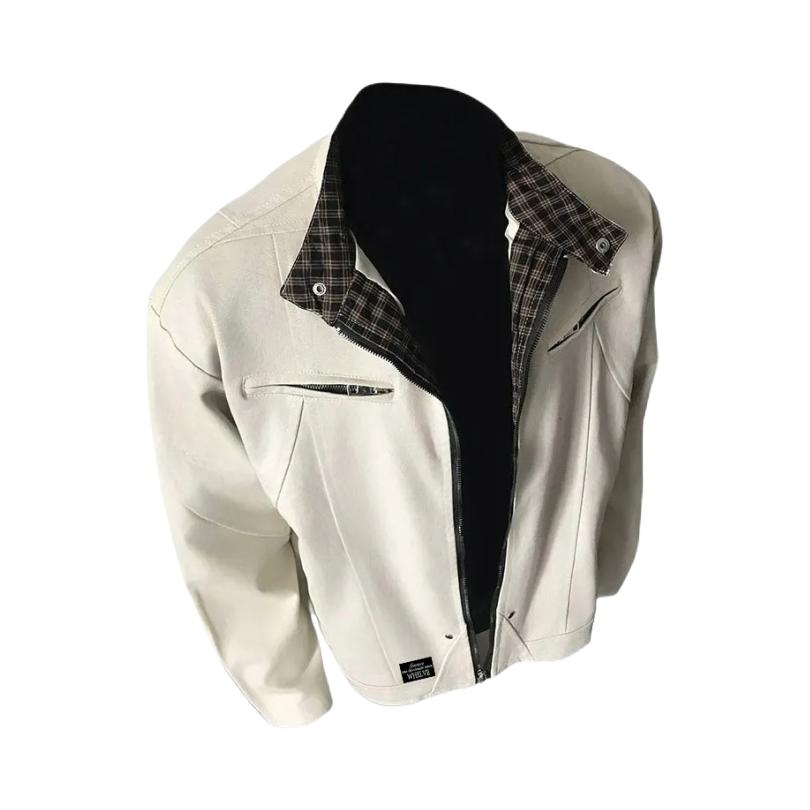 推荐商品：WHELVE 哈灵顿二代格子拼接重工立领短款通勤长袖夹克 JS-WHEJH899-J380-WHZB01 卡其