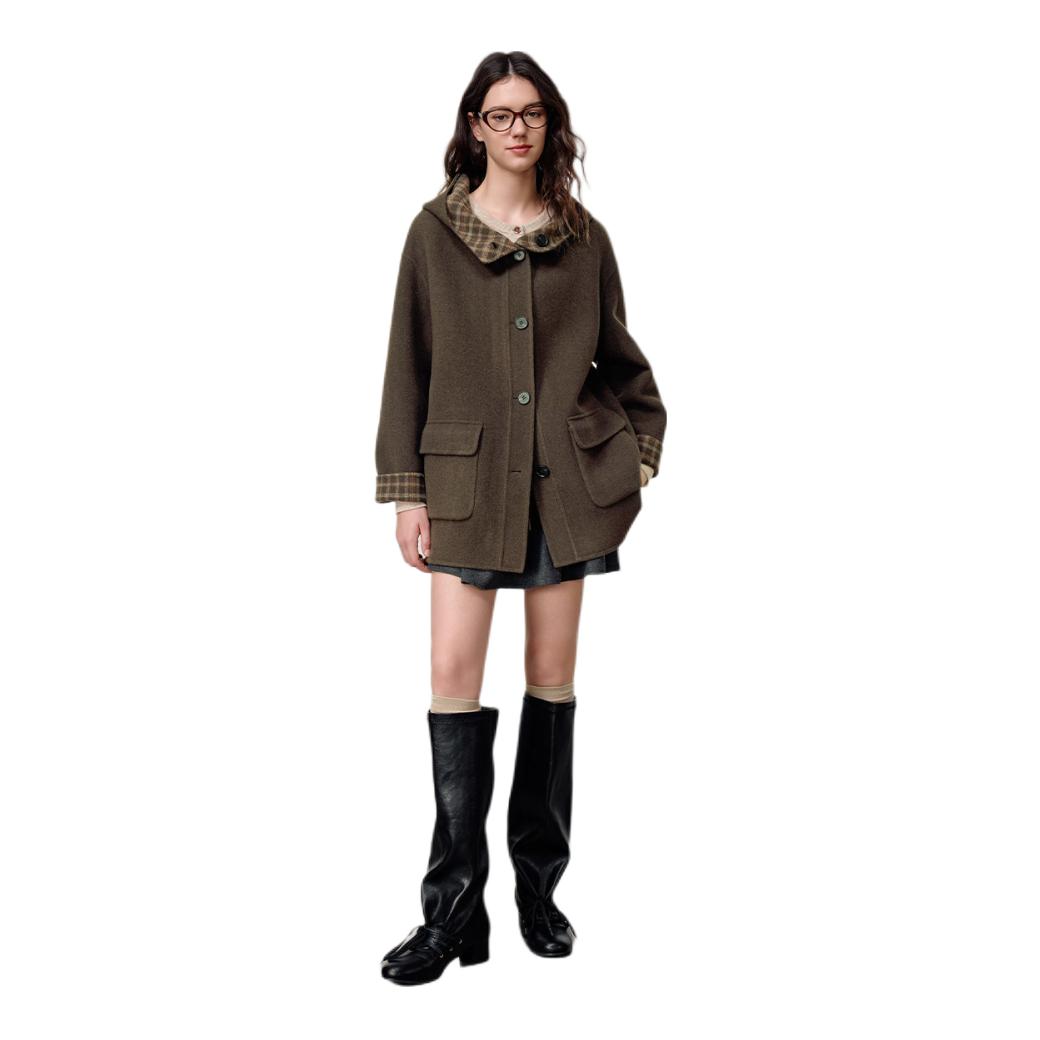 推荐商品：KBNE 双面两穿绵羊毛双织格纹长袖毛呢外套 女装 750928305 深咖