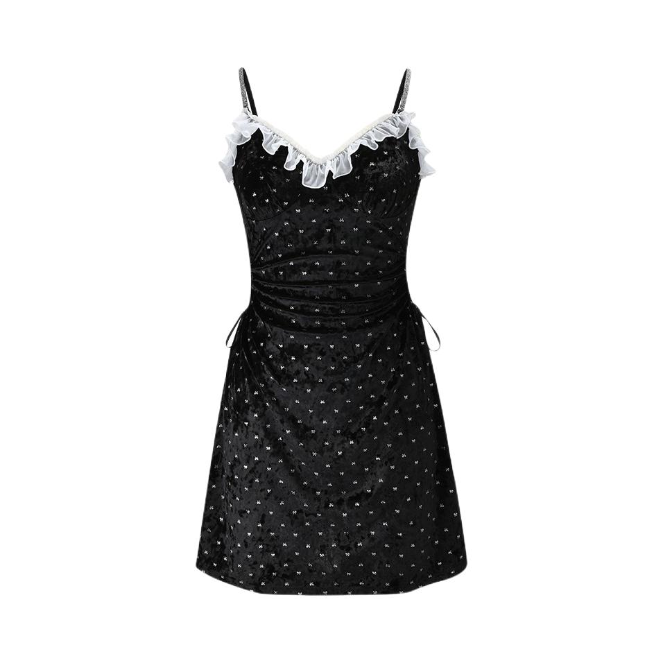 推荐商品：my body 银丝绒荷叶边带胸垫连衣裙 女装 DSWJ5040 黑