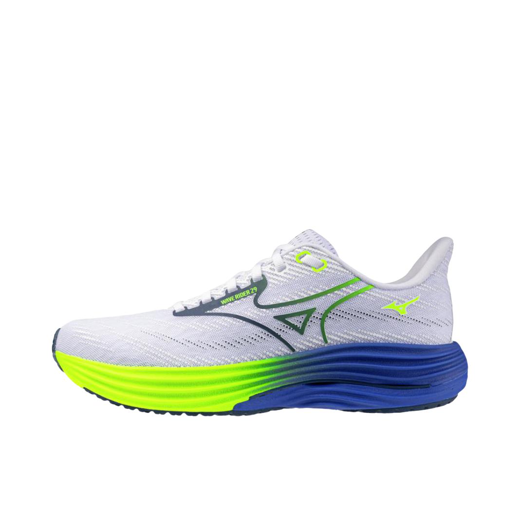 推荐商品：Mizuno/美津浓 WAVE RIDER 29 跑鞋 透气缓震舒适支撑回弹轻便贴合 白色/蓝色/黄色