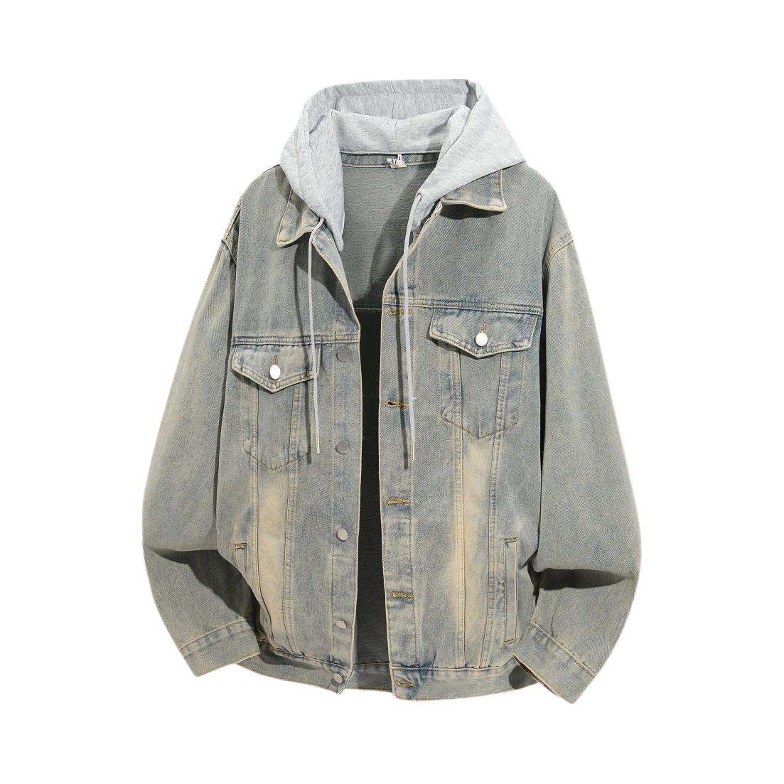 推荐商品：Menblero 水洗通勤翻领排扣落肩可拆卸连帽假两件长袖夹克 MY-97081-1 黄泥/灰帽