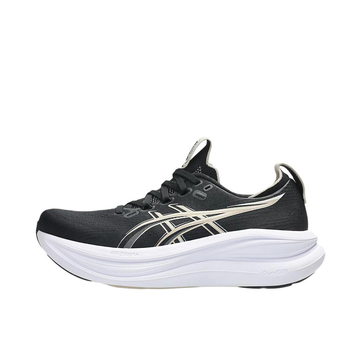 推荐商品：Asics/亚瑟士 GEL-NIMBUS 28 跑鞋 百搭时尚舒适圆头减震回弹夜跑轻便贴合支撑网面抓地慢跑缓冲缓震马拉松训练防滑冬季稳定竞速增高通勤鞋 黑色/白色