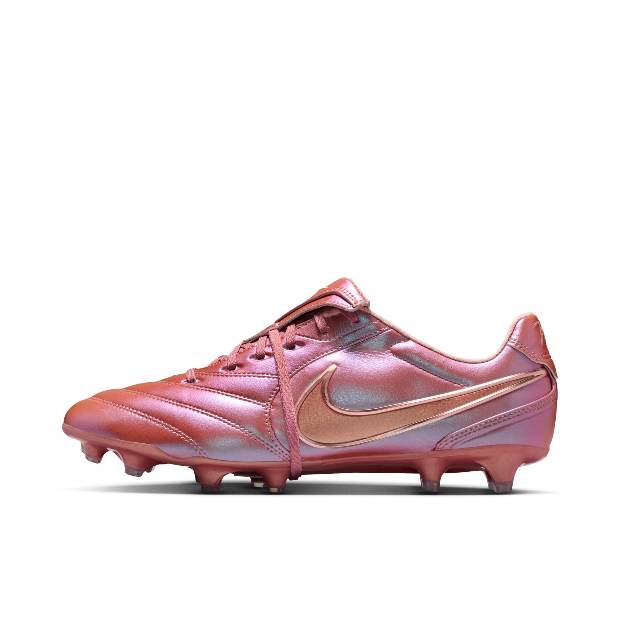 推荐商品：Nike TIEMPO LIGERA PRO FG 足球鞋 胶质长钉真草系带舒适合成革耐穿圆头 金属红铜色/金属玫瑰金