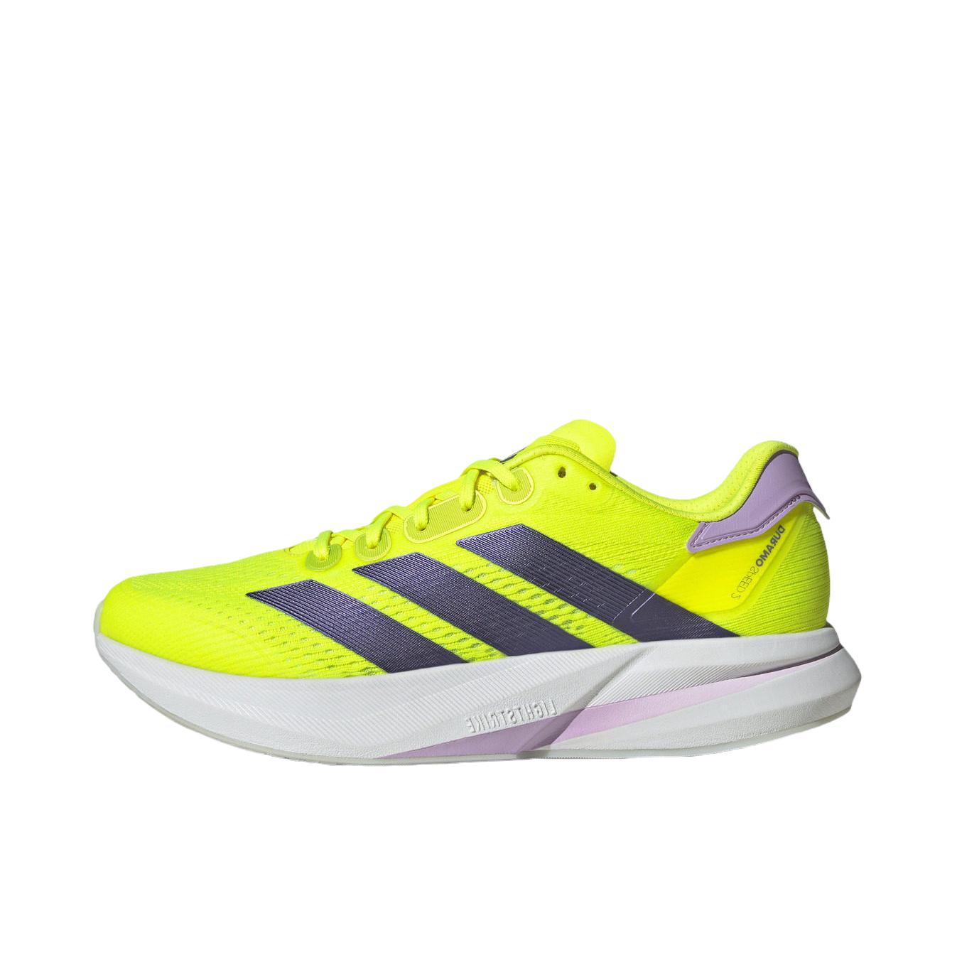 推荐商品：adidas Adizero Duramo SPEED 2 跑鞋 防滑耐磨舒适轻便低帮百搭时尚支撑备赛贴合回弹 亮黄荧光/极光洋李紫
