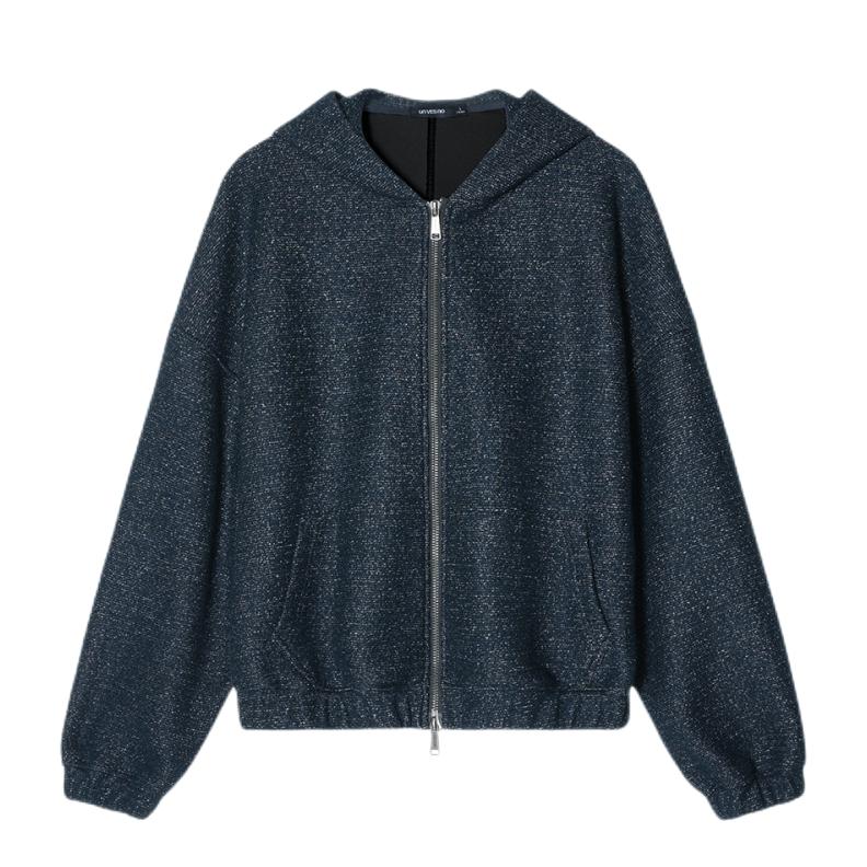 推荐商品：Unvesno/UN 重磅羊毛混纺彩纱呢绒连帽长袖卫衣 CT-2411 蓝