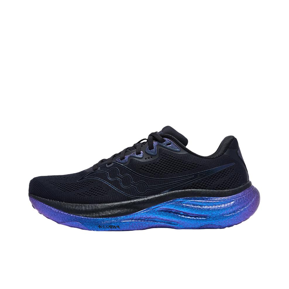 推荐商品：Saucony/索康尼 RIDE 驭途 19 跑鞋 慢跑回弹网布情侣训练耐穿轻便减震 黑色/蓝色