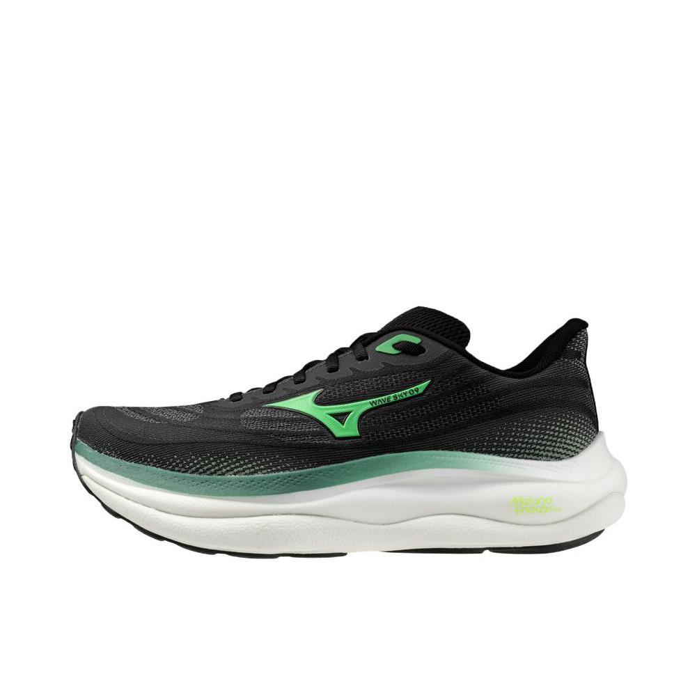 推荐商品：Mizuno/美津浓 WAVE SKY 9 慢跑鞋 跑鞋 缓震支撑稳定防滑软弹 黑色/绿色