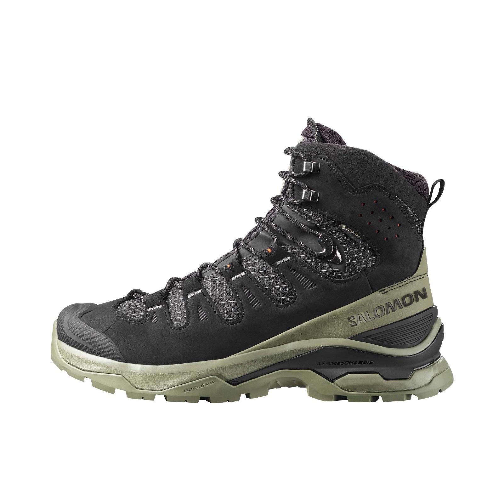 推荐商品：Salomon/萨洛蒙 QUEST 5 GTX 跑鞋 户外运动防水透气减震头层牛皮包裹性支撑稳固徒步鞋 黑色/深地衣绿 