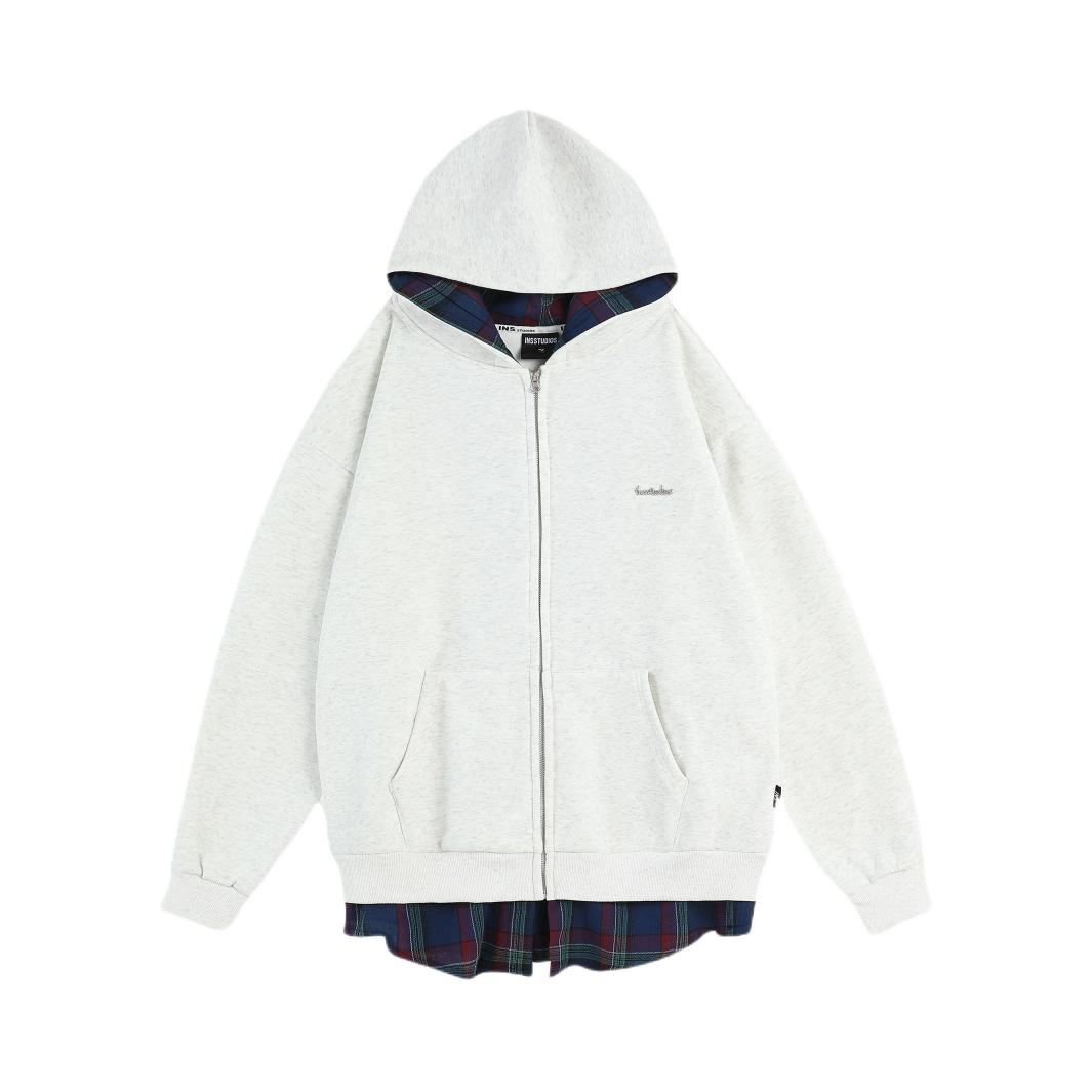 推荐商品：NOPASS 假两件拼接格子加绒开衫连帽长袖卫衣 白灰