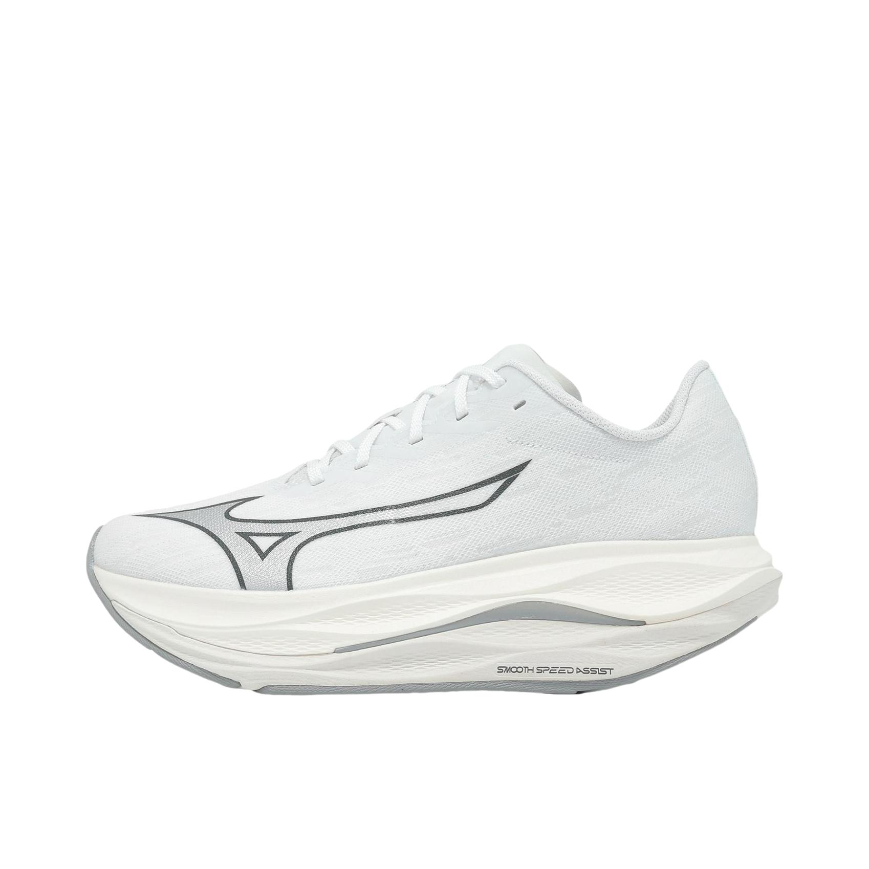 推荐商品：Mizuno/美津浓 WAVE REBELLION FLASH 3 跑鞋 橡胶系带厚底圆头支撑 白色 