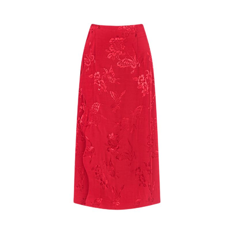 推荐商品：TUYUE/涂月 中腰直筒型A型聚酯纤维无弹半身长裙 女装 TYS1S1K02O 赤红