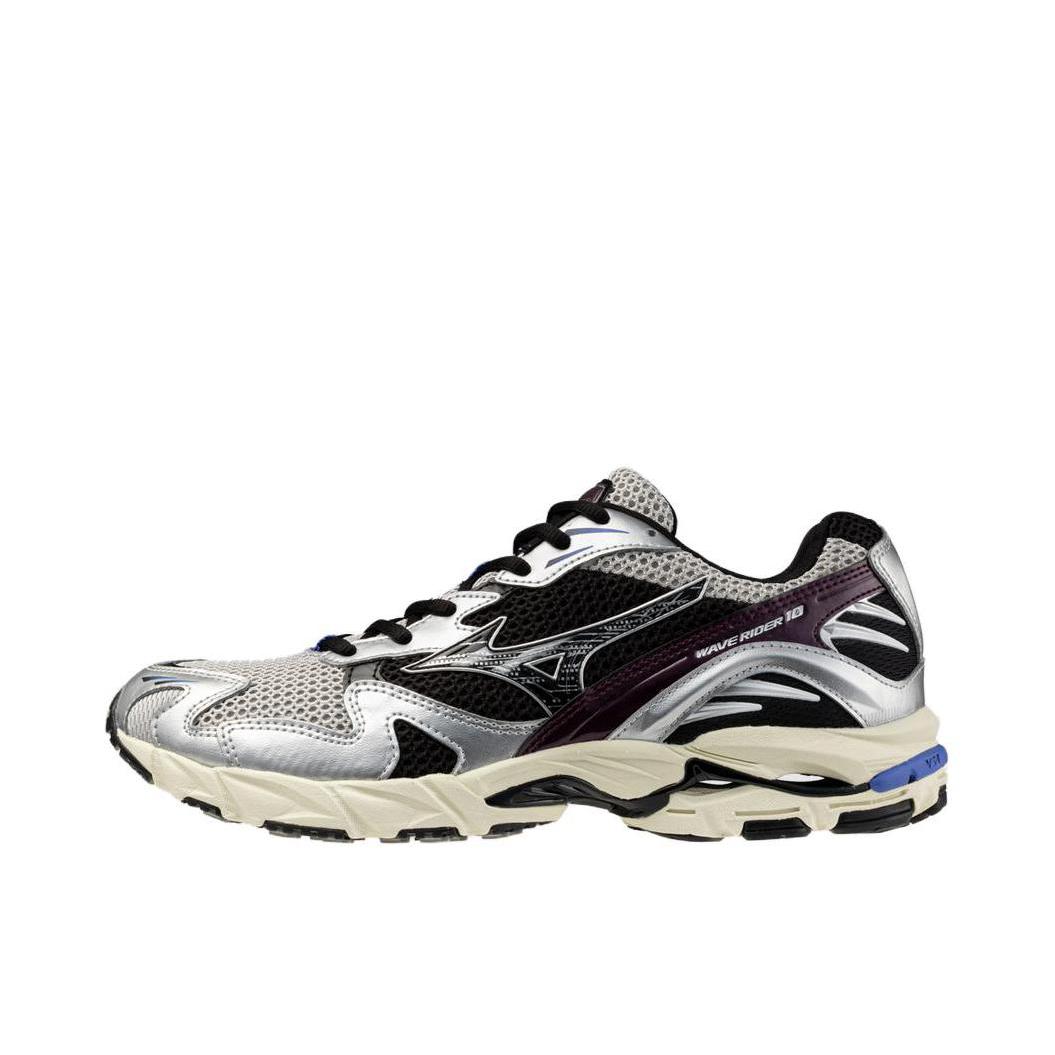 推荐商品：Mizuno/美津浓  Wave Rider 10  经典减震 防滑耐磨 轻便  网布 透气 织物 复古 合成革 运动  跑鞋 浅灰色/黑色