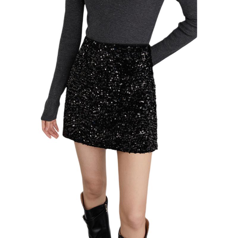 推荐商品：DPLAY 高腰修身型松紧腰亮丝半身短裙 女装 DA5307556 经典黑