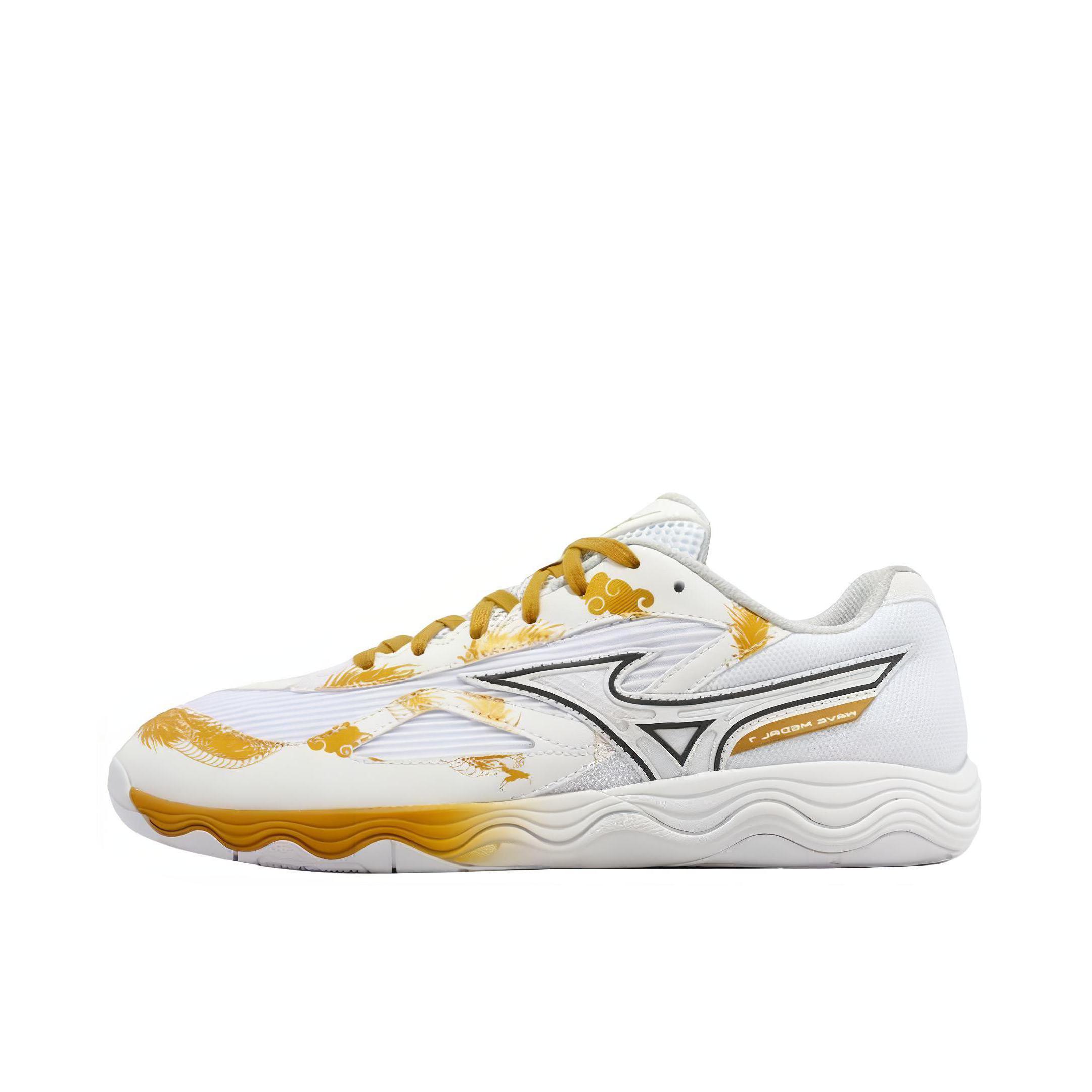 推荐商品：Mizuno/美津浓 WAVE MEDAL 7 防滑 减震 乒乓球鞋 白色/金色  
