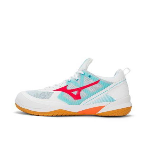 推荐商品：Mizuno/美津浓 Wave Fang Zero 2 减震 稳定支撑 进阶型 防滑耐磨 透气 羽毛球鞋 珊瑚色/珊瑚色/蓝色