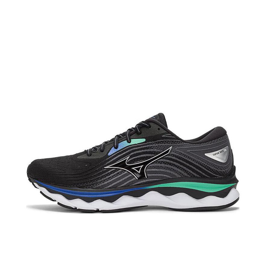 推荐商品：Mizuno/美津浓 Wave Sky 6 缓震耐磨 网面透气 健身训练 织物 舒适回弹 脚感柔软 慢跑 跑鞋 黑色/银色/绿色