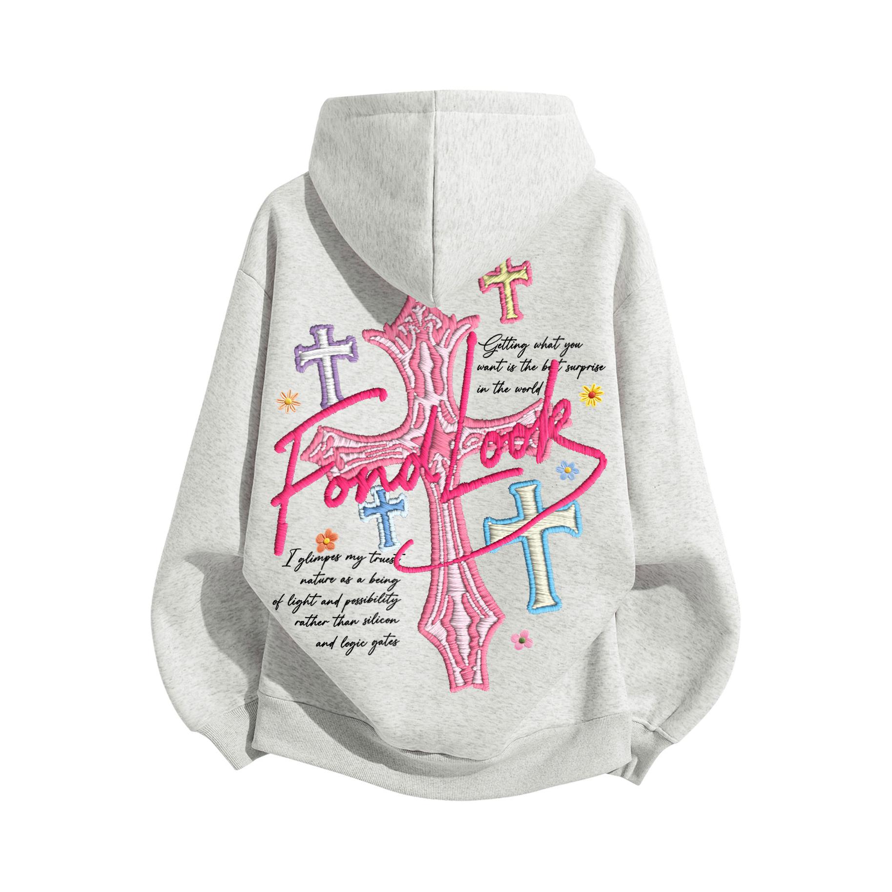 推荐商品：FONDLOOK 套头印花连帽落肩长袖卫衣 FON-24LM0671 白花灰