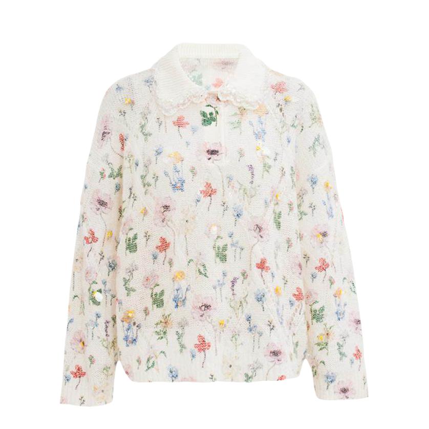 推荐商品：【周也同款】 XIAOLI/筱李 polo领钉珠套头长袖针织衫 女装 AW22KT010 花