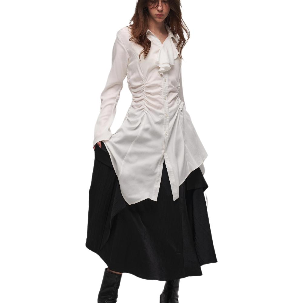 推荐商品：ILNya/凌鸦 差池系列优雅宫廷风修身中长款褶皱连衣裙 女装 IYA25CC03312 白