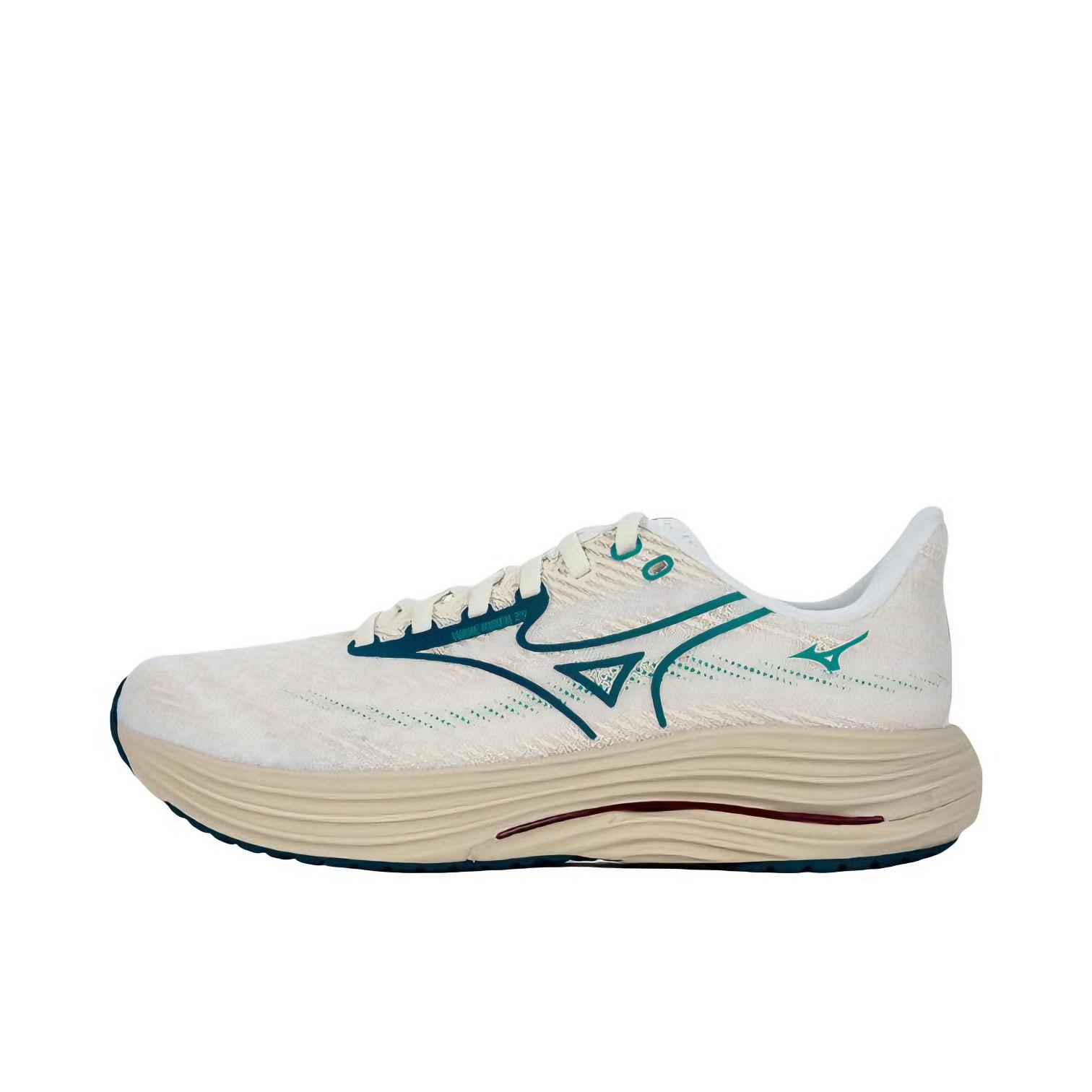 推荐商品：Mizuno/美津浓 WAVE RIDER 29 跑鞋 透气缓震舒适支撑回弹轻便贴合 雪白色/水蓝色/夏日沙