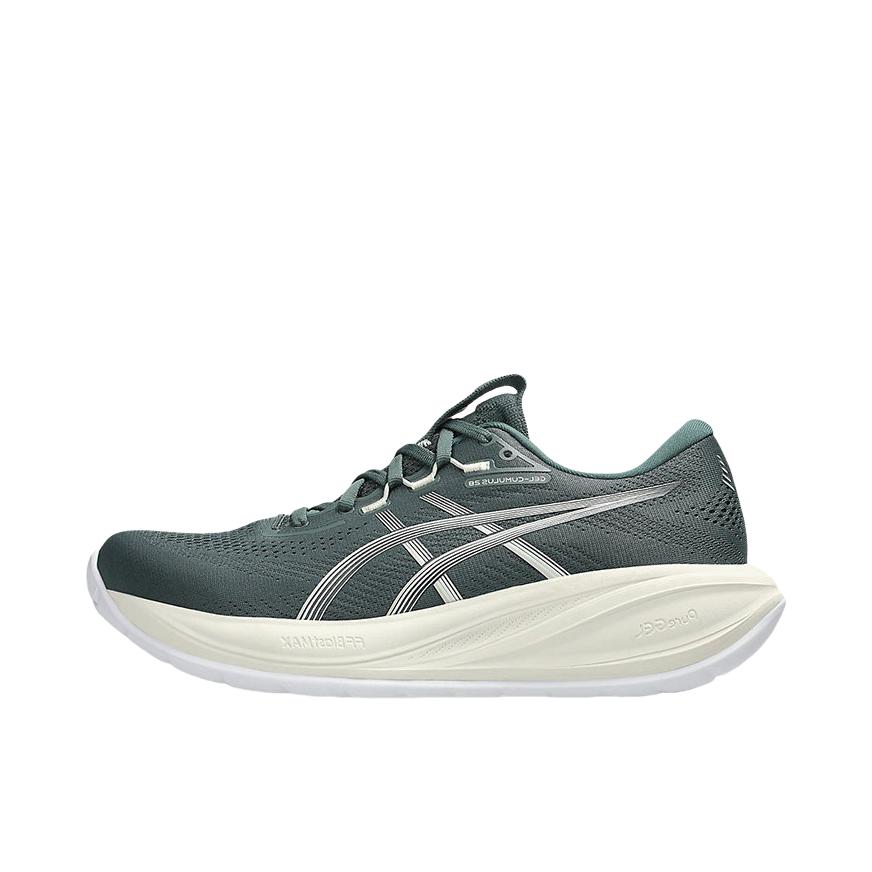 推荐商品：Asics/亚瑟士 GEL-CUMULUS 28 跑鞋 舒适缓震透气耐磨轻便训练马拉松回弹抓地耐穿贴合减震支撑 奶白色/绿色