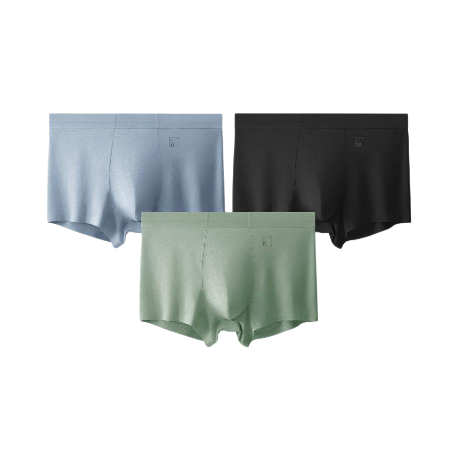 推荐商品：Bananain/蕉内 银皮5系抗菌凉感排湿无痕防夹臀男士平角内裤 钨黑+锆蓝+钾汀绿/三条装