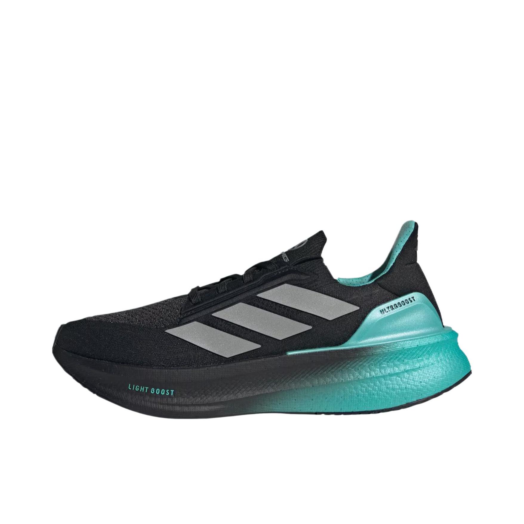 推荐商品：adidas Ultraboost 5X 跑鞋 超轻缓震回弹防滑耐磨支撑贴合长跑圆头 核心黑/银色金属/半薄荷绿