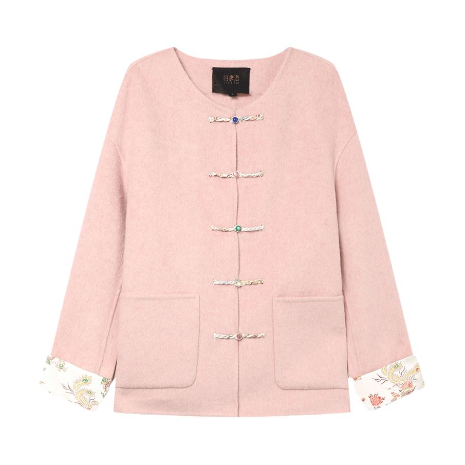 推荐商品：LOUISY AO/白鹿语 国风羊毛混纺双面呢拼接长袖毛呢外套 女装 HX20127 粉