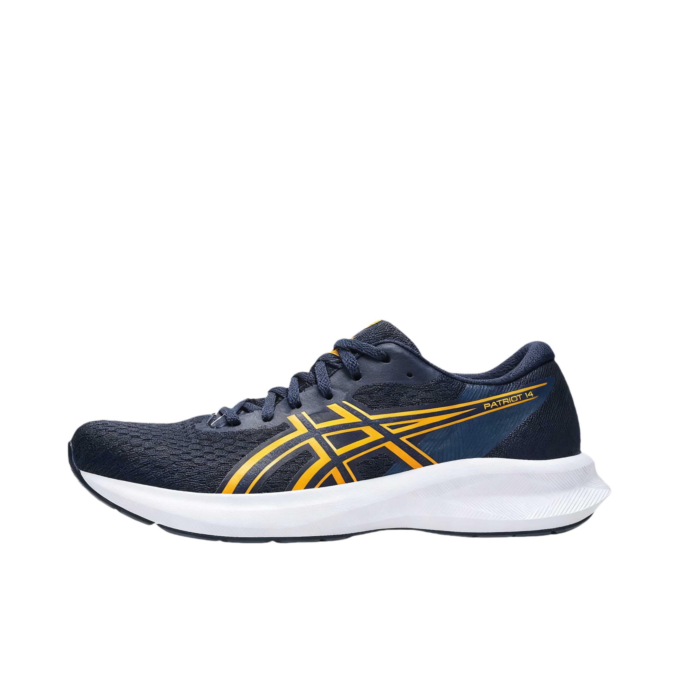 推荐商品：Asics/亚瑟士 PATRIOT 14 跑鞋 竞速回弹透气橡胶轻量支撑耐穿 午夜/山吹 