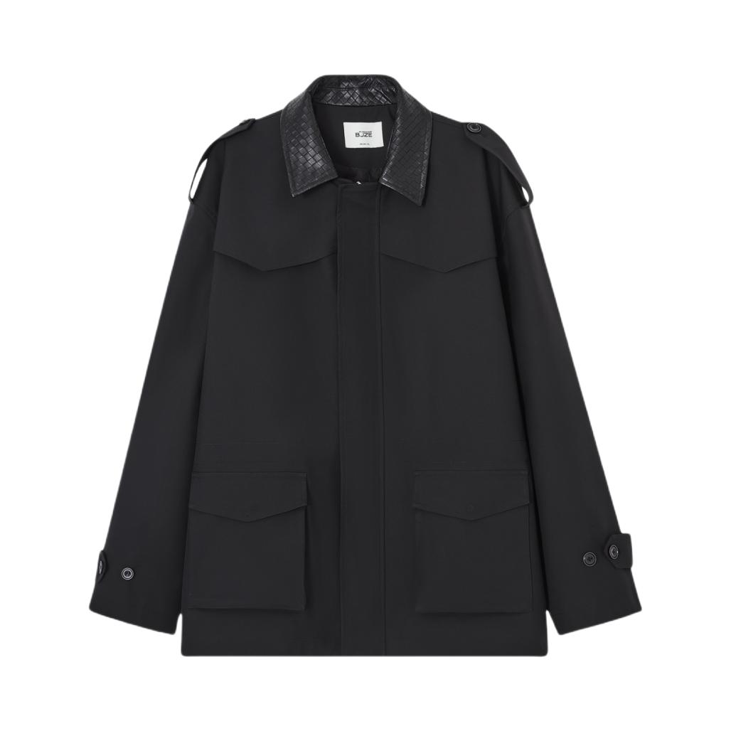 推荐商品：伯爵卓尔 复古工装风长短款PU皮编织风衣 D531413 月夜黑