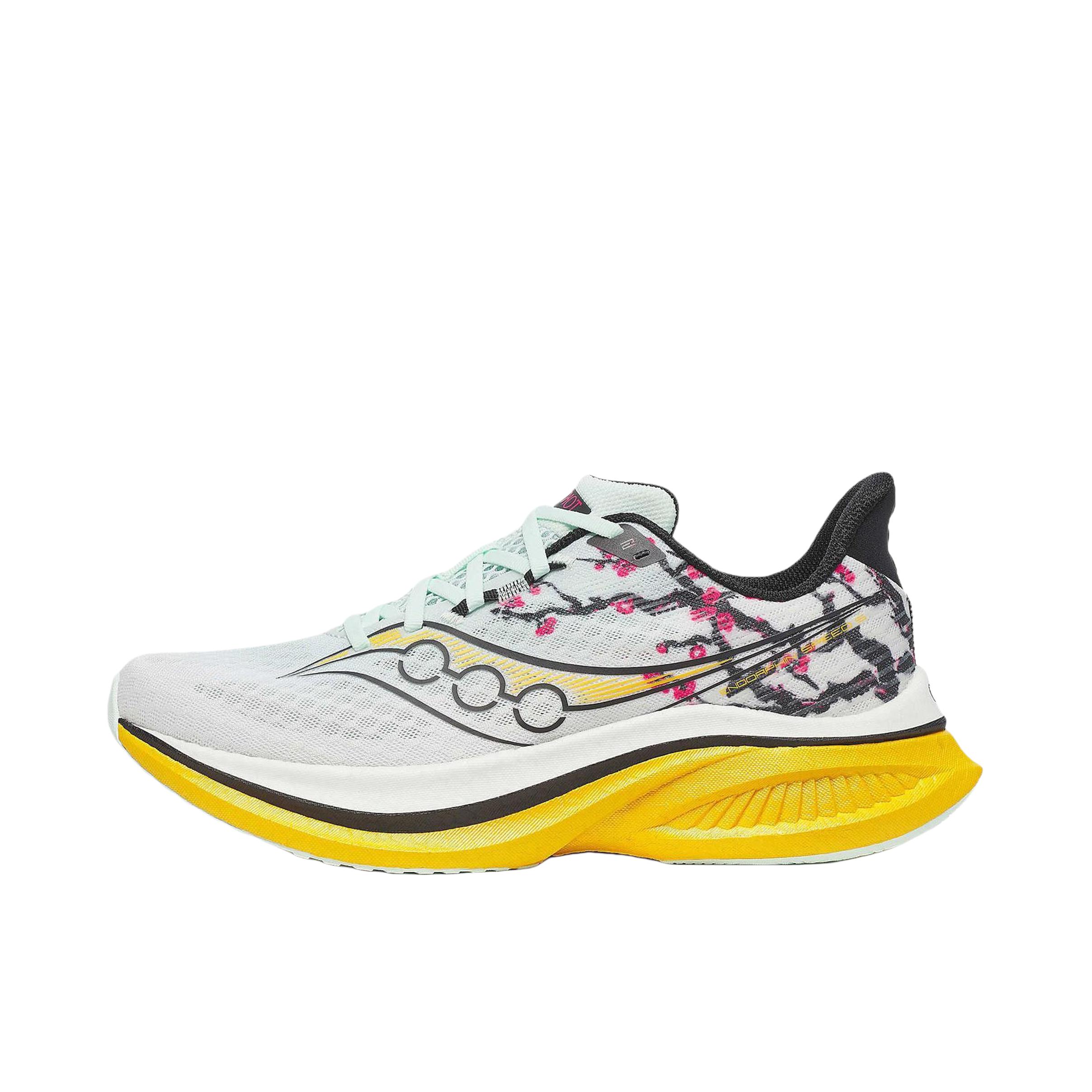 推荐商品：Saucony/索康尼 Endorphin Speed 啡速 5 缓震回弹 轻便透气 舒适耐磨 竞速 马拉松 越山向海 尼龙板 长距离 训练 防滑 跑鞋 纯白色/黄色