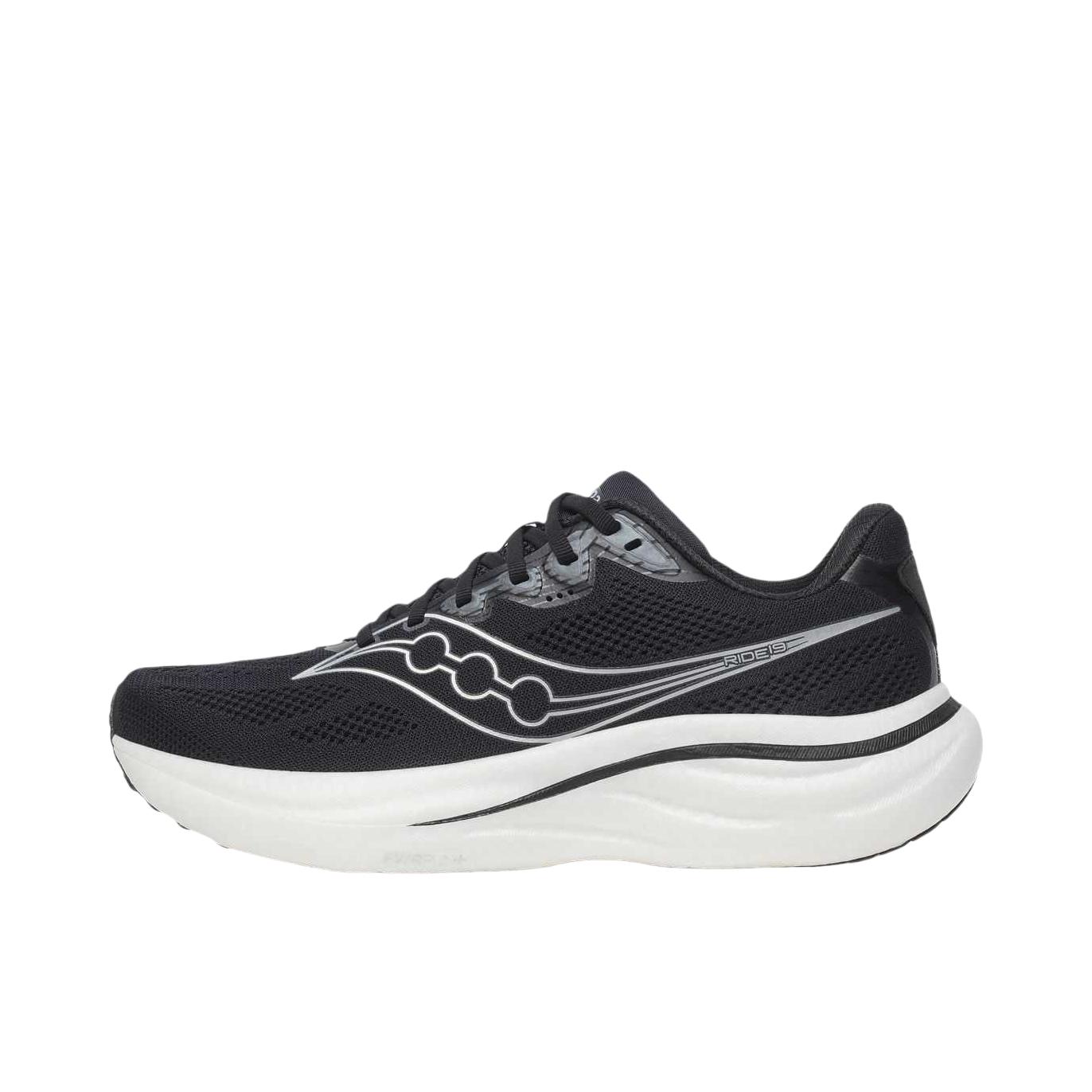 推荐商品：Saucony/索康尼 RIDE 驭途 19 跑鞋 慢跑回弹网布情侣训练耐穿轻便减震 黑色/银色