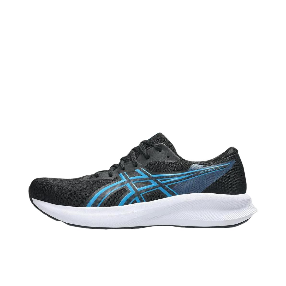 推荐商品：Asics/亚瑟士 PATRIOT 14 跑鞋 竞速回弹透气橡胶轻量支撑耐穿 黑色/蓝色