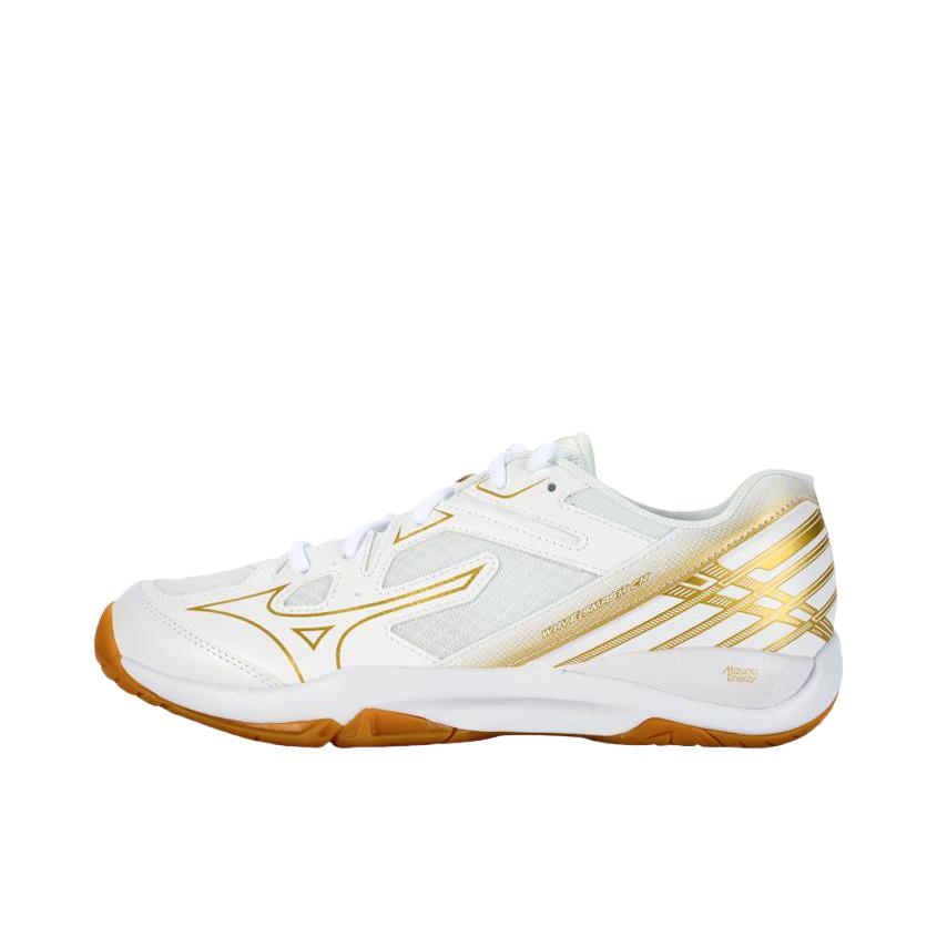 推荐商品：Mizuno/美津浓 WAVE SMASH CN 羽毛球鞋 耐磨透气防滑 宽版/白色/金色