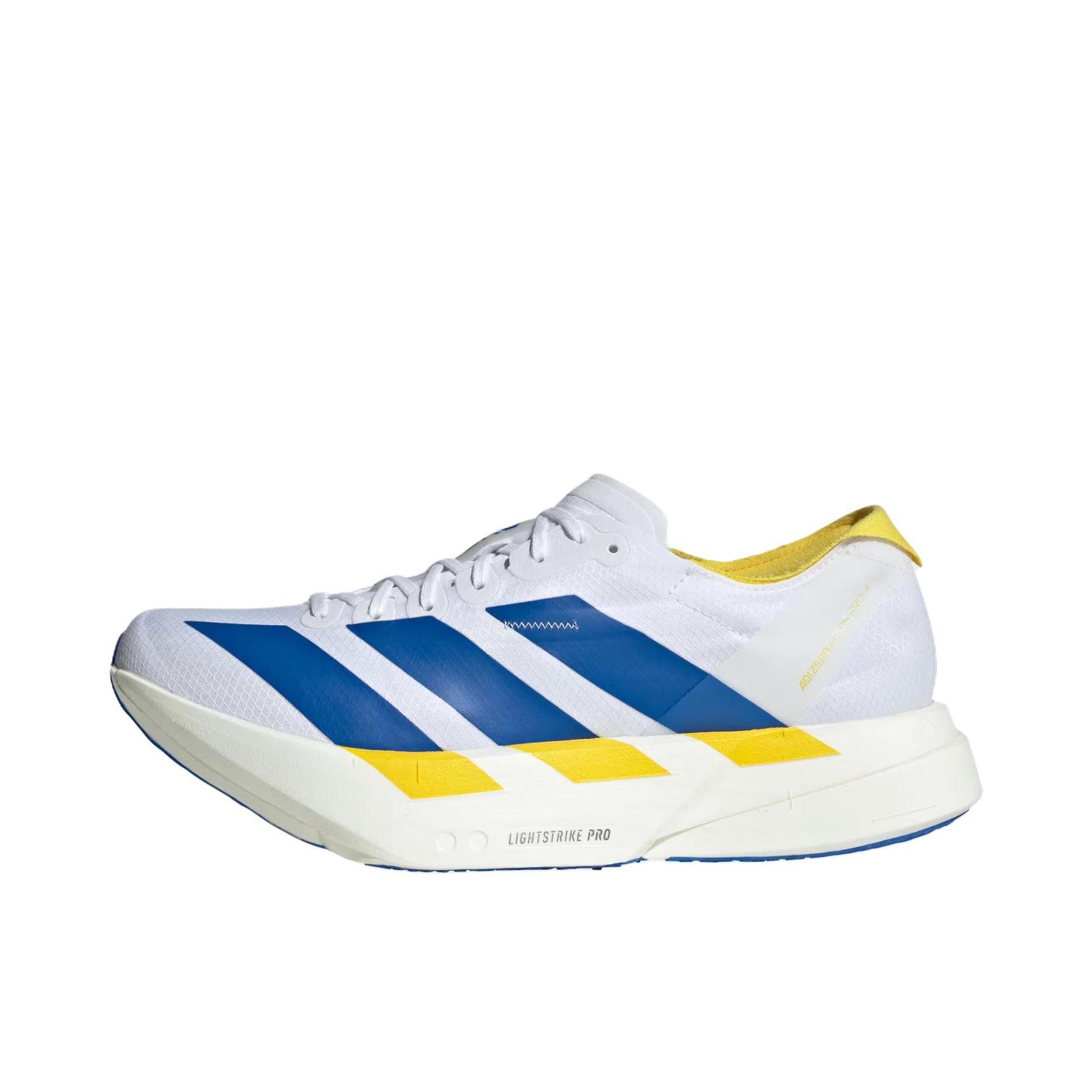 推荐商品：adidas Adizero Adios Pro 4 跑鞋 碳柱缓震防滑耐磨低帮休闲贴合短跑支撑 白色/蓝色