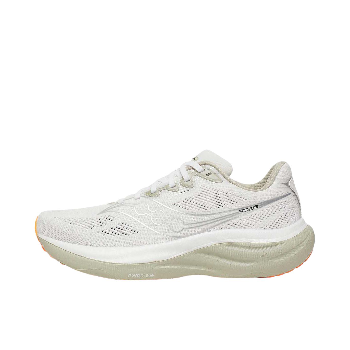 推荐商品：Saucony/索康尼 RIDE 驭途 19 跑鞋 慢跑回弹网布情侣训练耐穿轻便减震 白色/鼠尾草绿