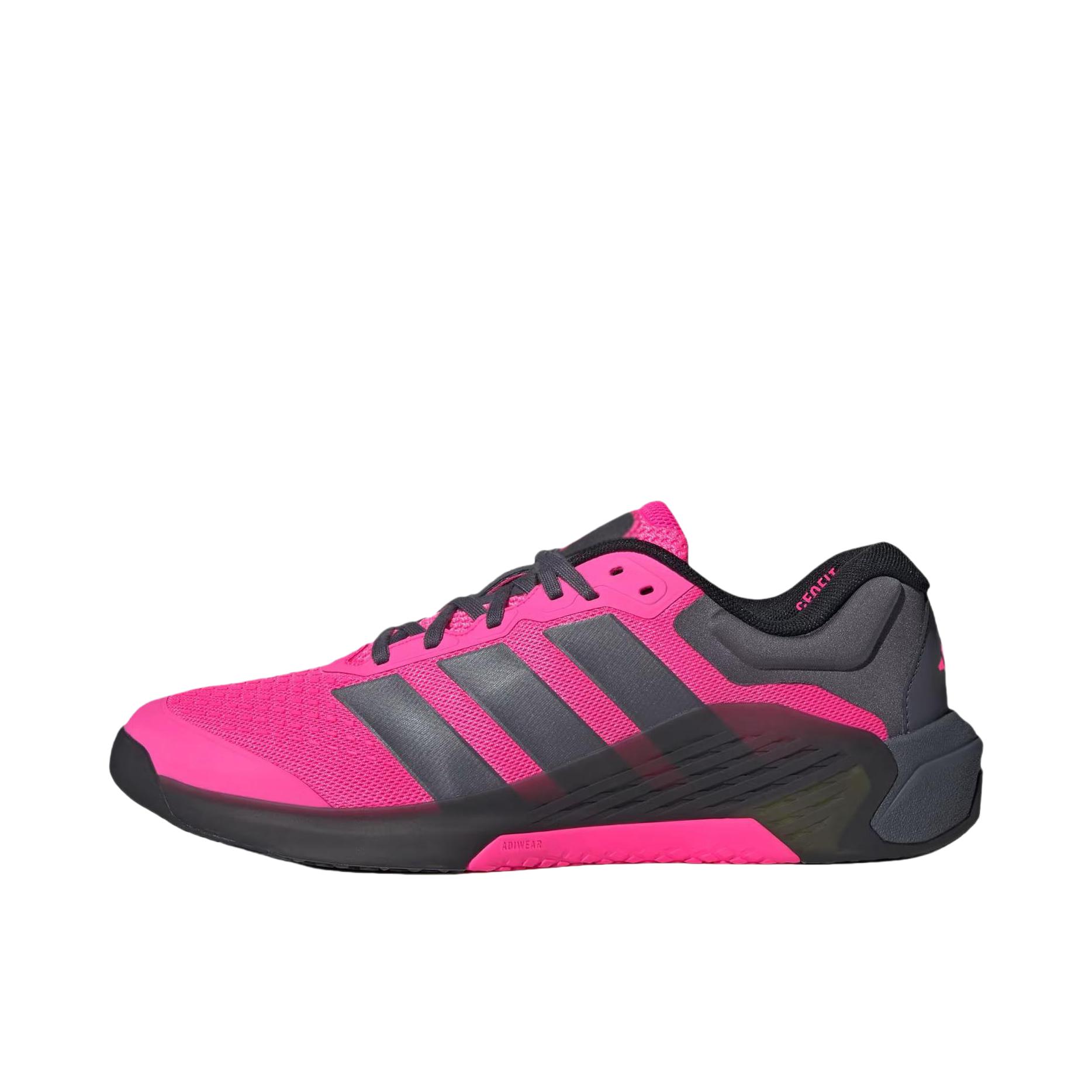 推荐商品：adidas DROPSET 4 训练鞋 厚底圆头舒适稳定回弹网面 粉色/黑色 