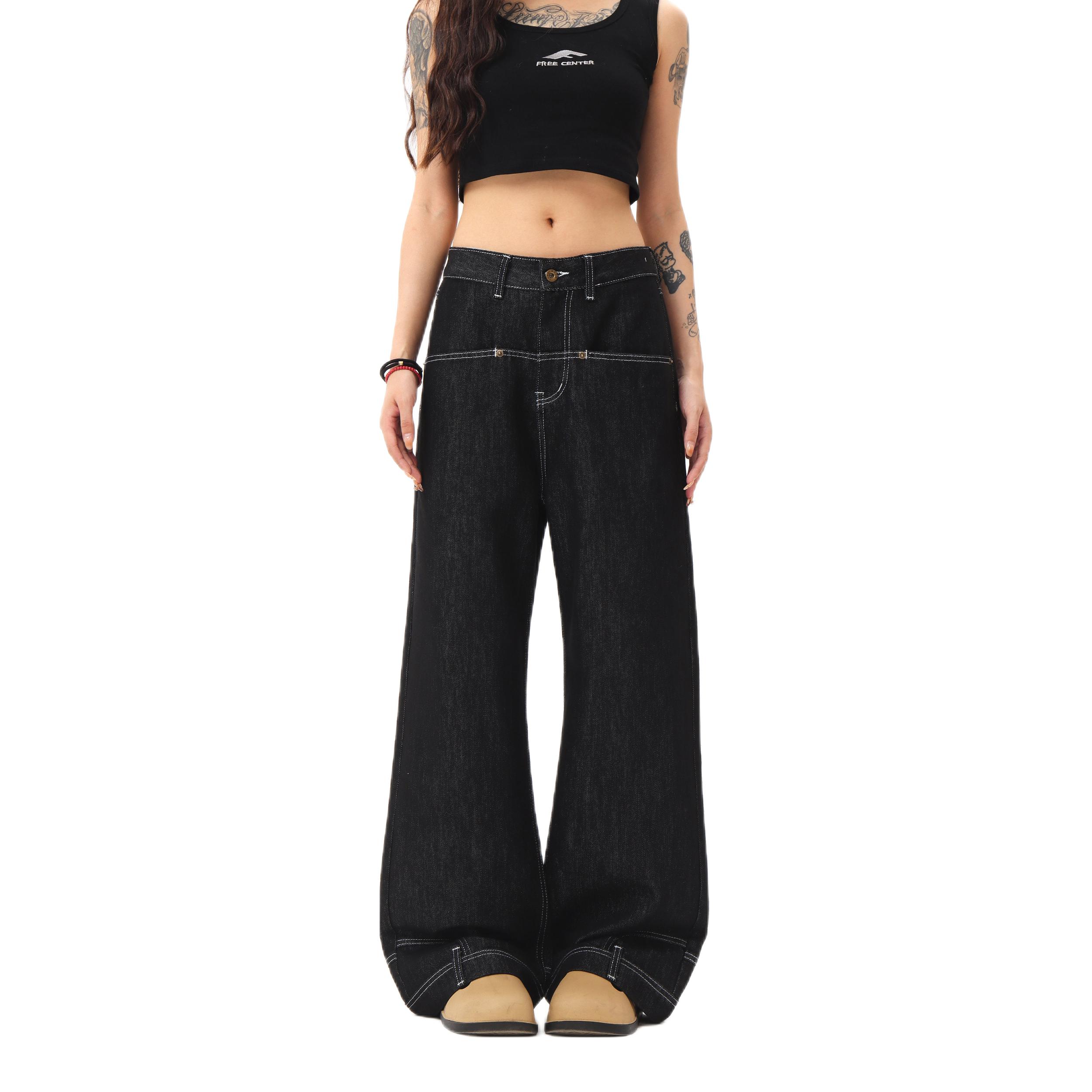 推荐商品：MAX ME 直筒拉链字母无弹水洗牛仔裤 黑