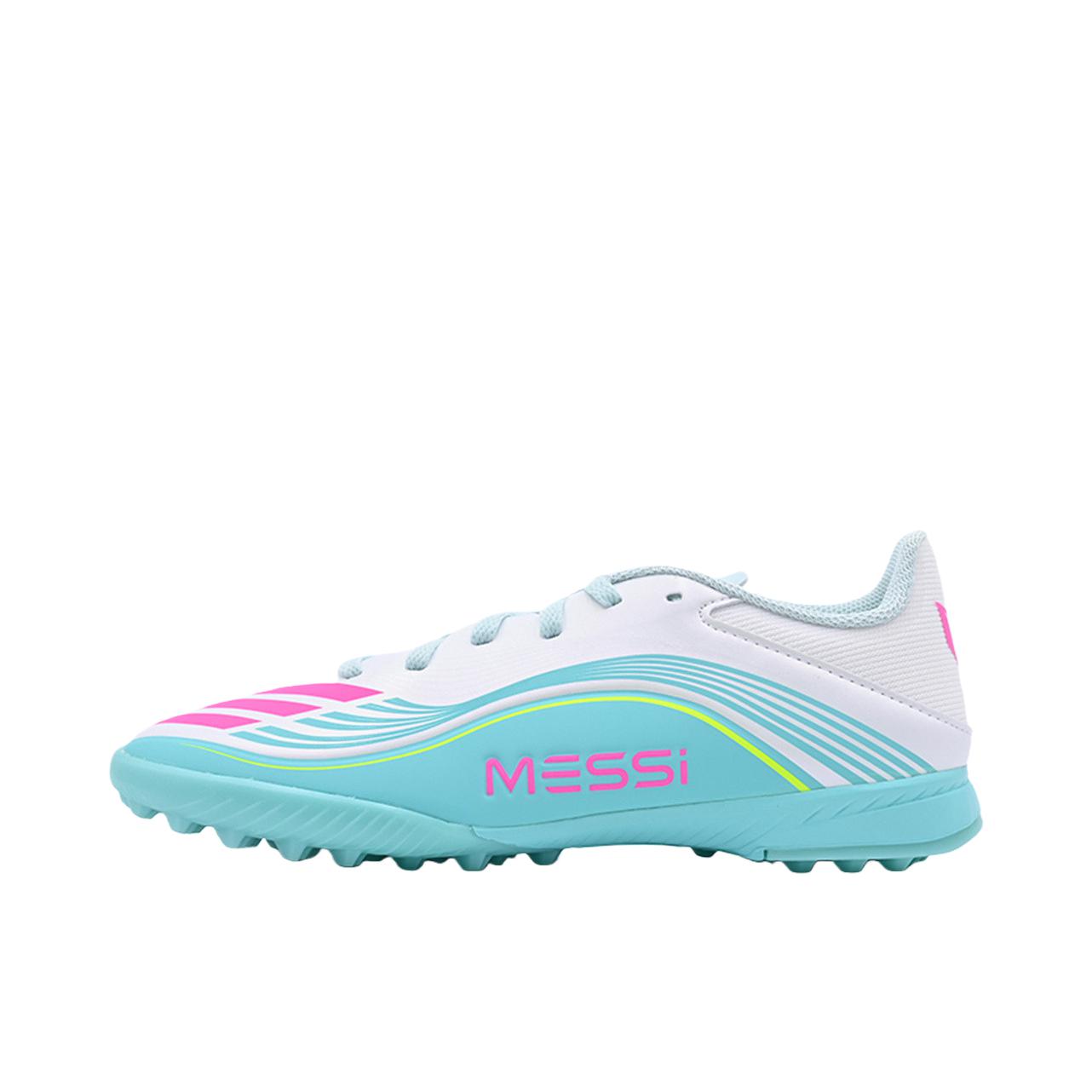 推荐商品：adidas F50 League TF 中端 胶质碎钉 人造草地室外硬地 缓震耐用 足球鞋 大童/奶白色/蓝色