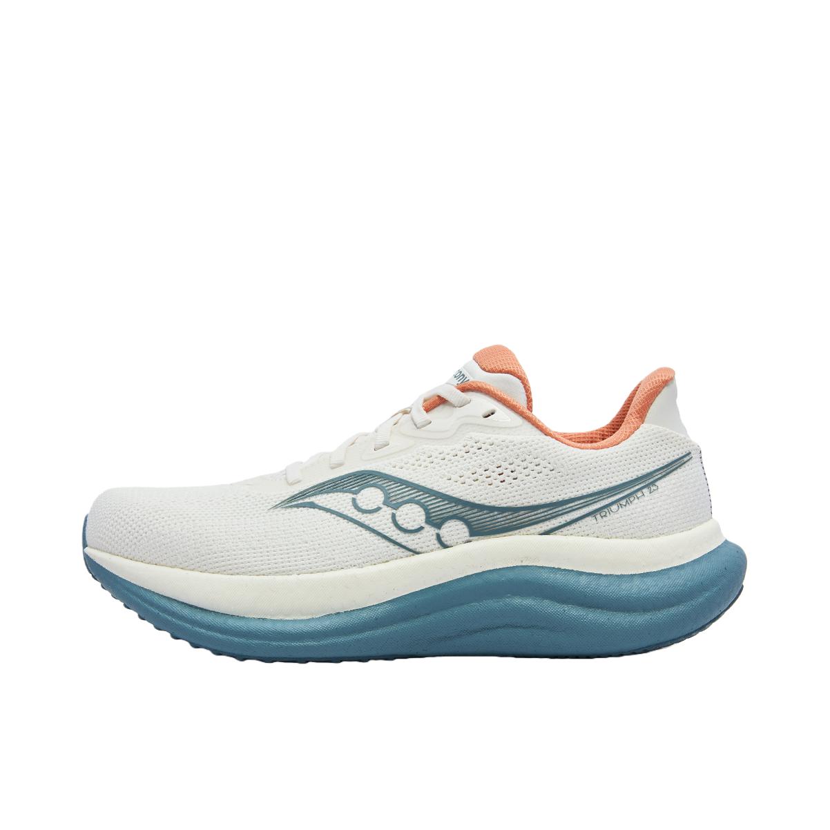 推荐商品：Saucony/索康尼 Triumph 胜利 23 跑鞋 慢跑缓震支撑训练防滑轻便 白色/天蓝色