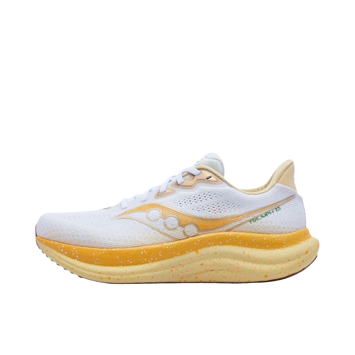 推荐商品：Saucony/索康尼 Triumph 胜利 23 跑鞋 慢跑缓震支撑训练防滑轻便 白色/黄色
